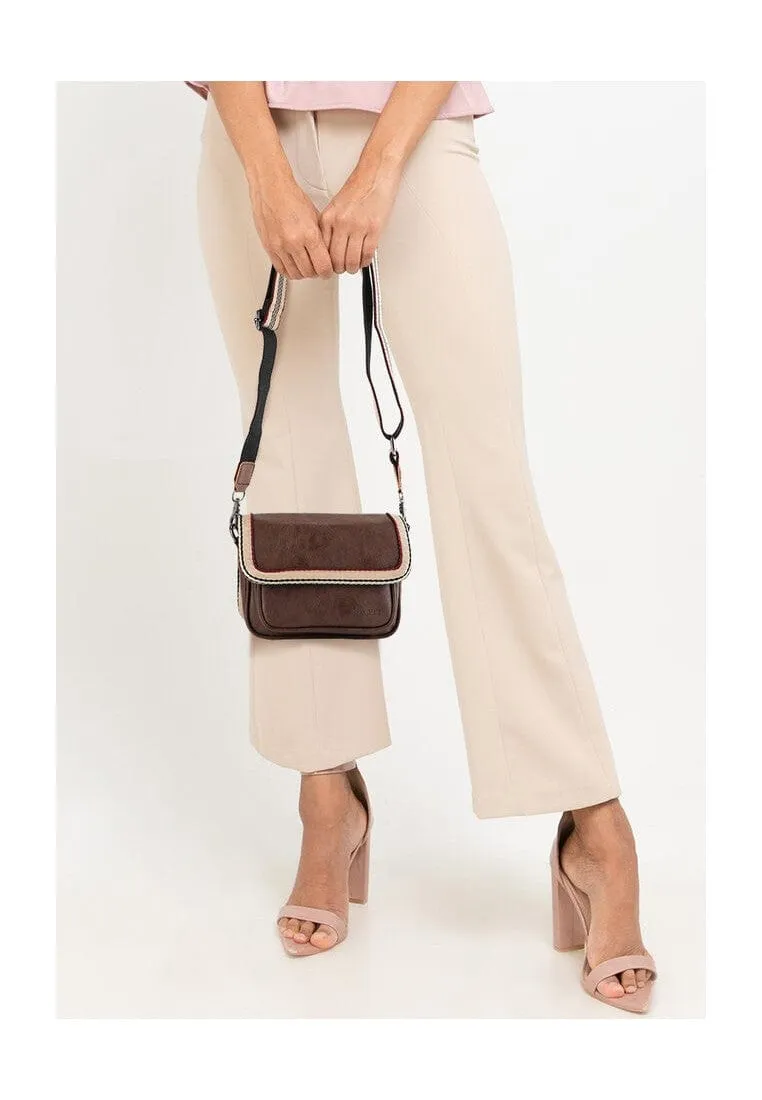 Distressed Leather Flap Trim Crossbody Bag - Dark Brown