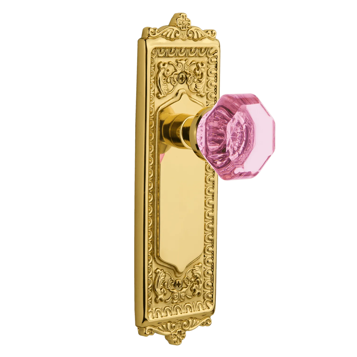 Egg & Dart Long Plate with Pink Waldorf Knob in Polished Brass