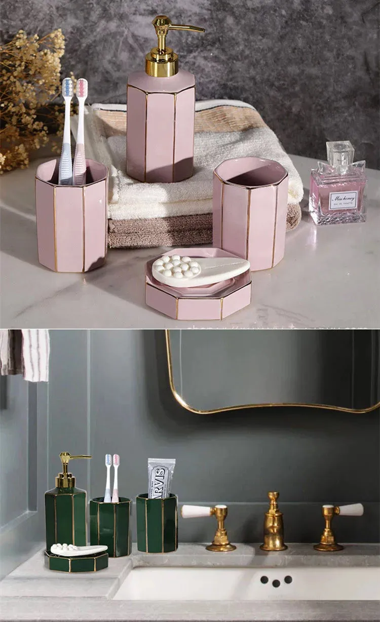 Emerald Green or Pink Octagon Shaped Bathroom Accessory Set
