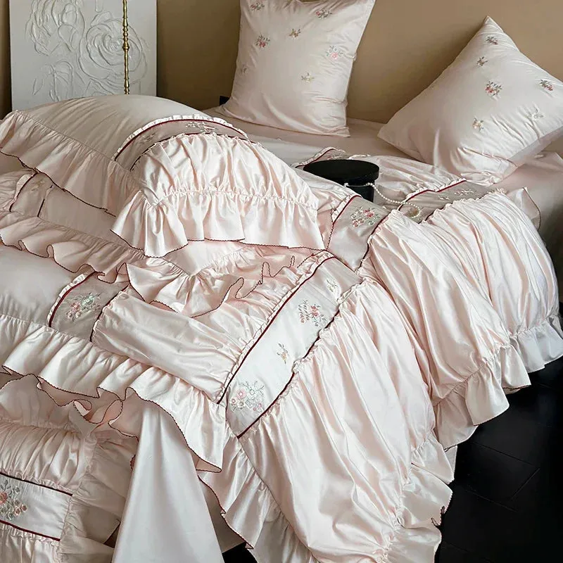 Flytonn-1000TC Egyptian Cotton Flowers embroidery Pleated Lace Ruffles Princess Bedding Set Duvet Cover Set Bed Sheet Pillowcases 4Pcs