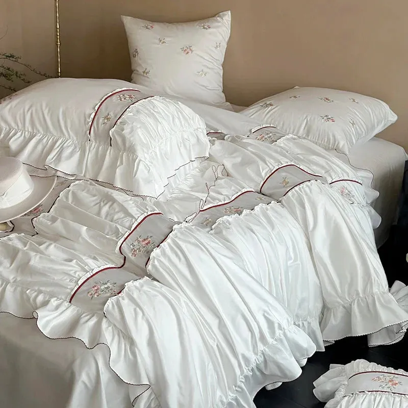 Flytonn-1000TC Egyptian Cotton Flowers embroidery Pleated Lace Ruffles Princess Bedding Set Duvet Cover Set Bed Sheet Pillowcases 4Pcs