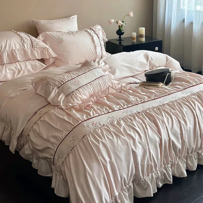 Flytonn-1000TC Egyptian Cotton Flowers embroidery Pleated Lace Ruffles Princess Bedding Set Duvet Cover Set Bed Sheet Pillowcases 4Pcs