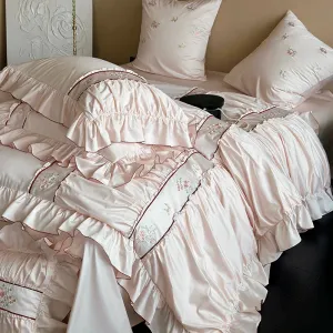 Flytonn-1000TC Egyptian Cotton Flowers embroidery Pleated Lace Ruffles Princess Bedding Set Duvet Cover Set Bed Sheet Pillowcases 4Pcs