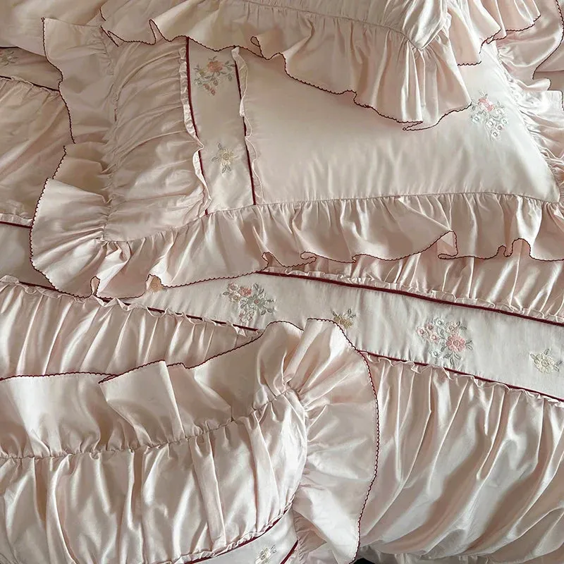 Flytonn-1000TC Egyptian Cotton Flowers embroidery Pleated Lace Ruffles Princess Bedding Set Duvet Cover Set Bed Sheet Pillowcases 4Pcs