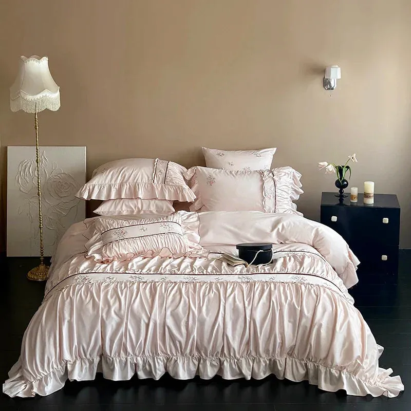 Flytonn-1000TC Egyptian Cotton Flowers embroidery Pleated Lace Ruffles Princess Bedding Set Duvet Cover Set Bed Sheet Pillowcases 4Pcs