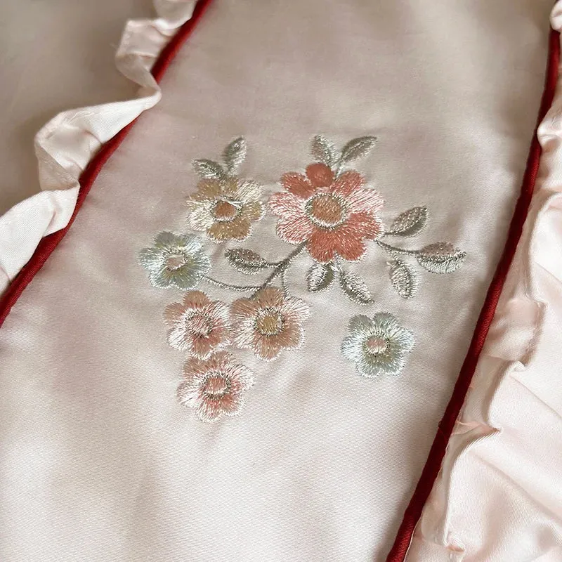 Flytonn-1000TC Egyptian Cotton Flowers embroidery Pleated Lace Ruffles Princess Bedding Set Duvet Cover Set Bed Sheet Pillowcases 4Pcs