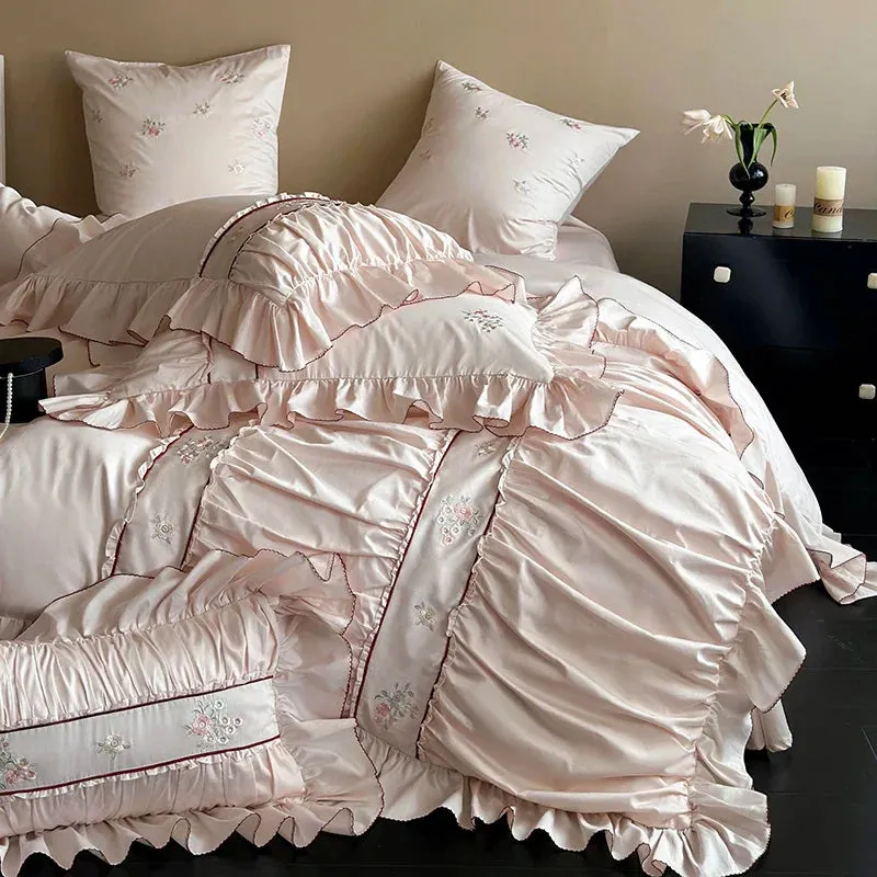 Flytonn-1000TC Egyptian Cotton Flowers embroidery Pleated Lace Ruffles Princess Bedding Set Duvet Cover Set Bed Sheet Pillowcases 4Pcs
