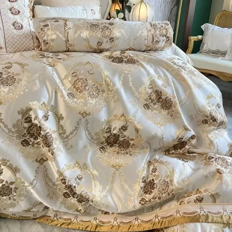 Flytonn-4/6/9Pcs Luxury European Palace Style Brocade Jacquard Egyptian Cotton Embroidery Bedding Set Duvet Cover Bed Sheet Pillowcases