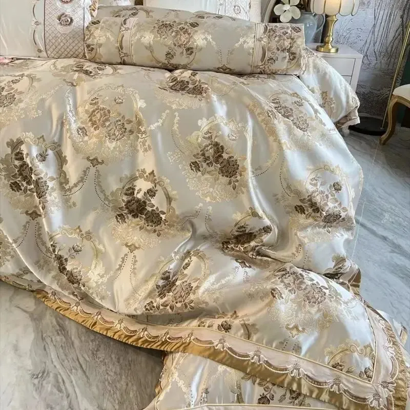 Flytonn-4/6/9Pcs Luxury European Palace Style Brocade Jacquard Egyptian Cotton Embroidery Bedding Set Duvet Cover Bed Sheet Pillowcases