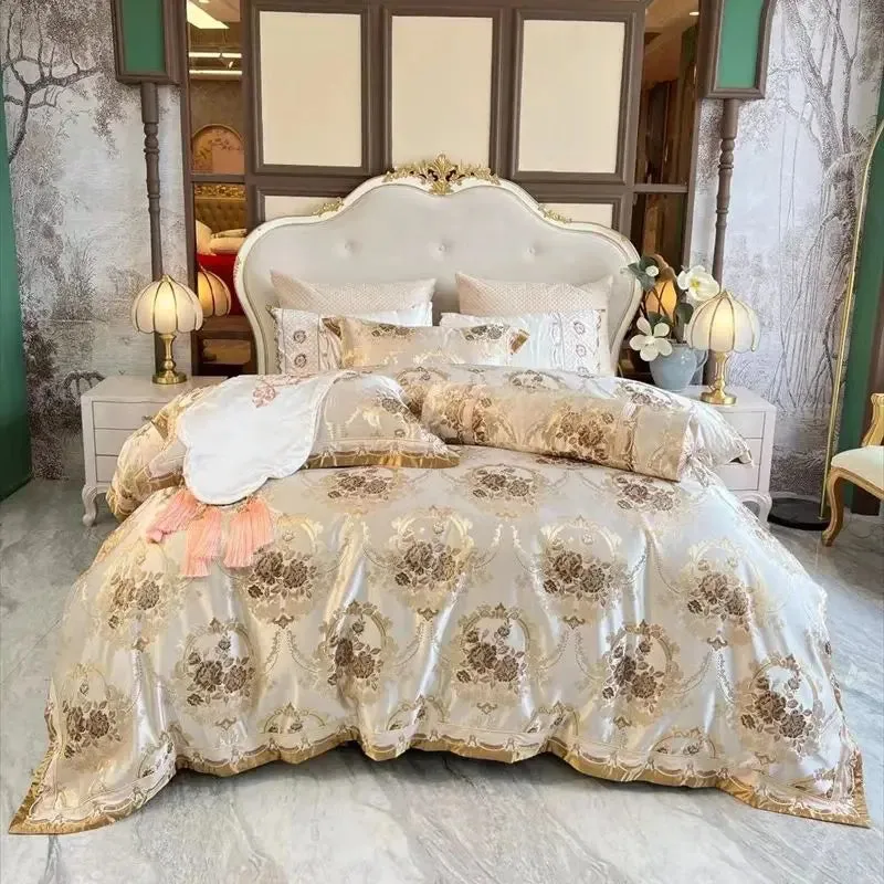 Flytonn-4/6/9Pcs Luxury European Palace Style Brocade Jacquard Egyptian Cotton Embroidery Bedding Set Duvet Cover Bed Sheet Pillowcases