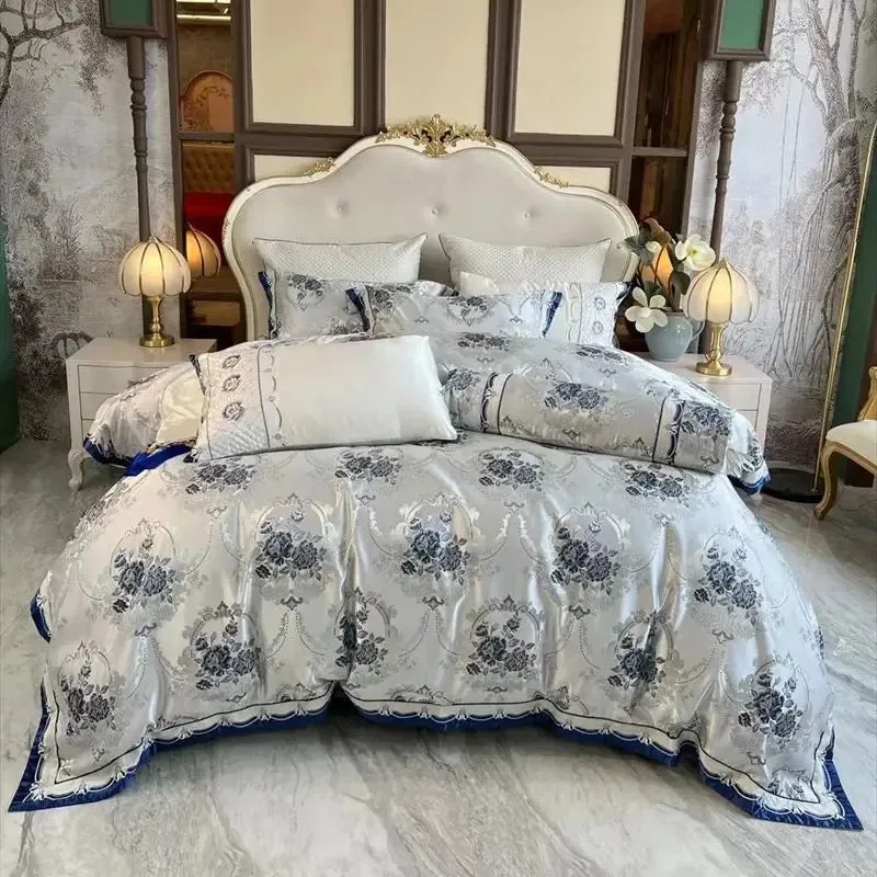 Flytonn-4/6/9Pcs Luxury European Palace Style Brocade Jacquard Egyptian Cotton Embroidery Bedding Set Duvet Cover Bed Sheet Pillowcases