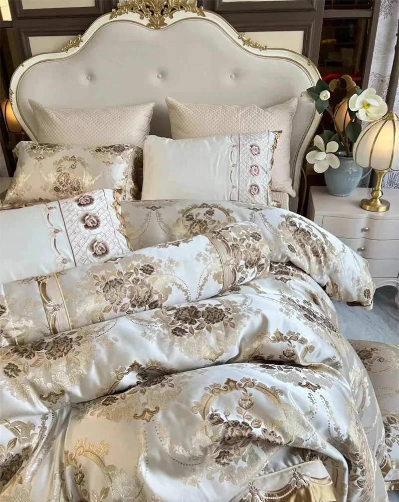 Flytonn-4/6/9Pcs Luxury European Palace Style Brocade Jacquard Egyptian Cotton Embroidery Bedding Set Duvet Cover Bed Sheet Pillowcases