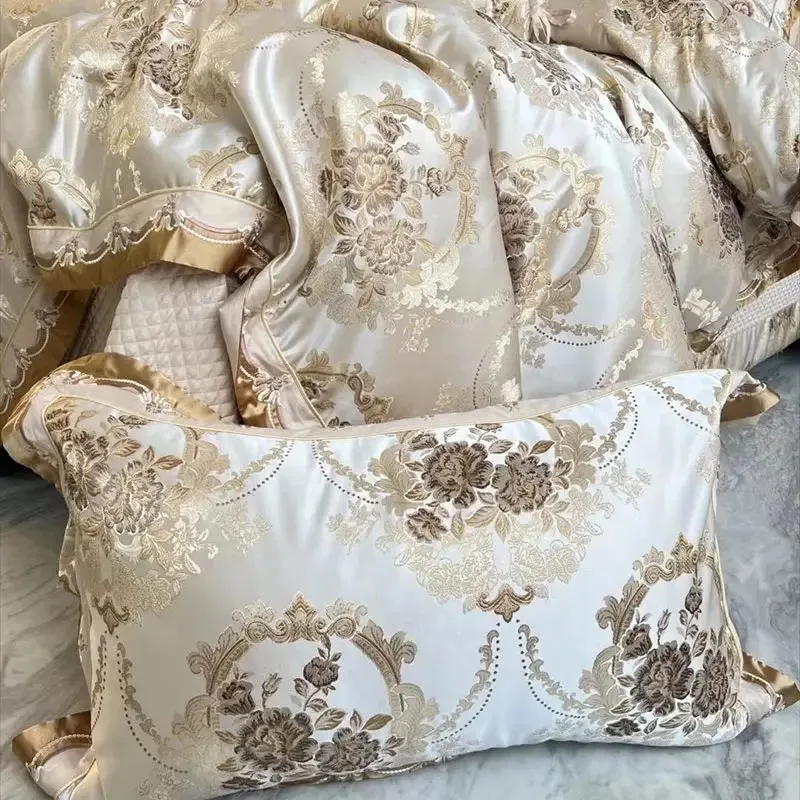 Flytonn-4/6/9Pcs Luxury European Palace Style Brocade Jacquard Egyptian Cotton Embroidery Bedding Set Duvet Cover Bed Sheet Pillowcases