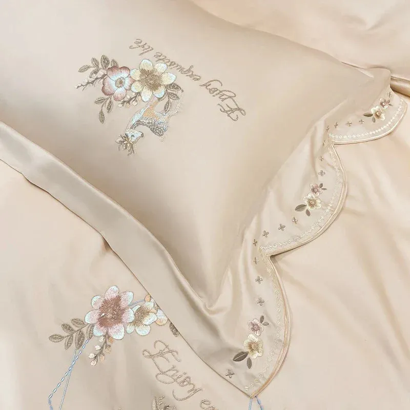 Flytonn-Egyptian Cotton Bedding Set Flowers Embroidery, Duvet Cover Set, Bed Sheet, Pillowcases, Luxury, Champagne Grey, Luxury, 1000TC