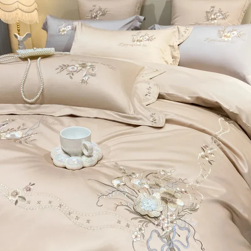 Flytonn-Egyptian Cotton Bedding Set Flowers Embroidery, Duvet Cover Set, Bed Sheet, Pillowcases, Luxury, Champagne Grey, Luxury, 1000TC