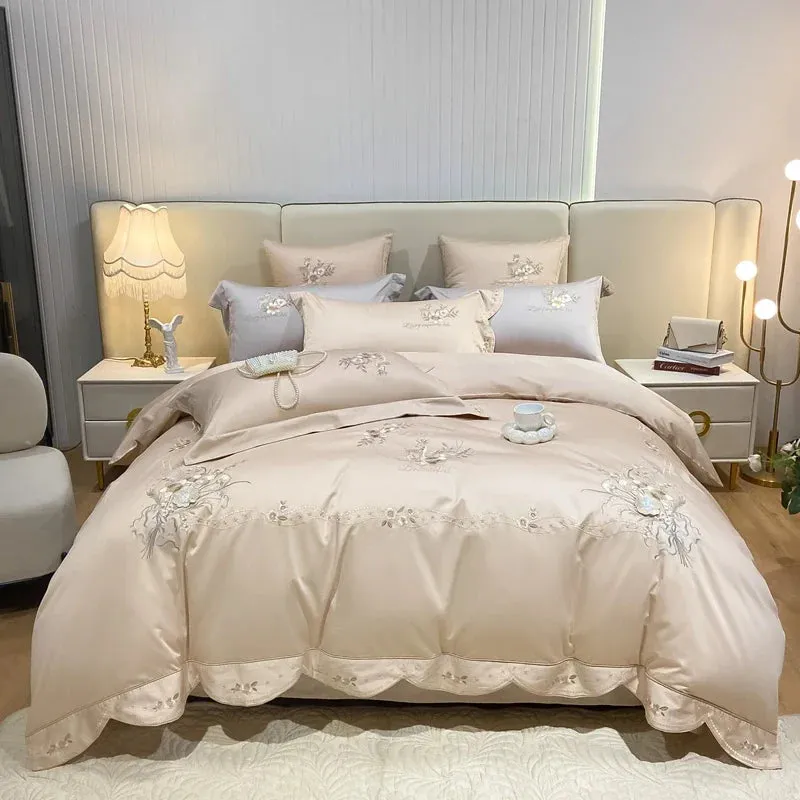 Flytonn-Egyptian Cotton Bedding Set Flowers Embroidery, Duvet Cover Set, Bed Sheet, Pillowcases, Luxury, Champagne Grey, Luxury, 1000TC