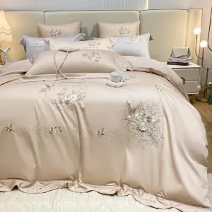 Flytonn-Egyptian Cotton Bedding Set Flowers Embroidery, Duvet Cover Set, Bed Sheet, Pillowcases, Luxury, Champagne Grey, Luxury, 1000TC