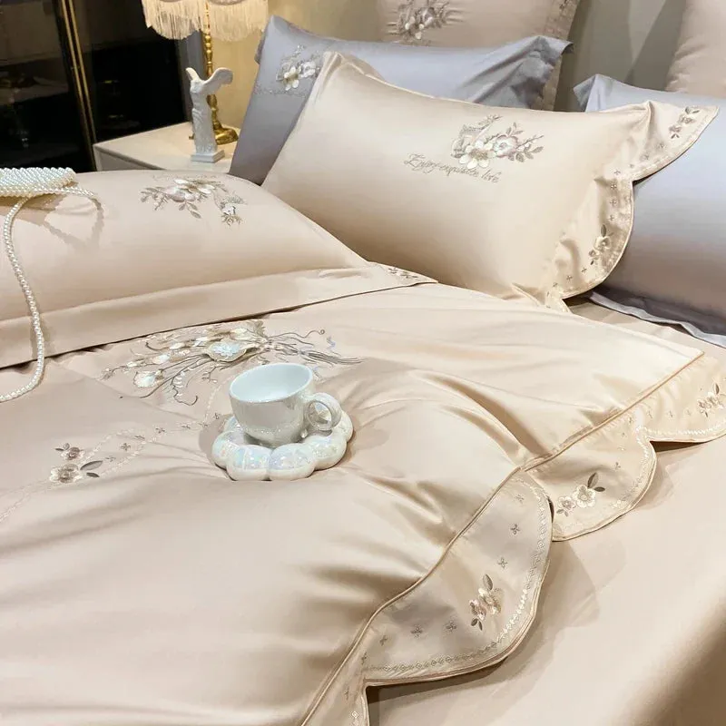 Flytonn-Egyptian Cotton Bedding Set Flowers Embroidery, Duvet Cover Set, Bed Sheet, Pillowcases, Luxury, Champagne Grey, Luxury, 1000TC