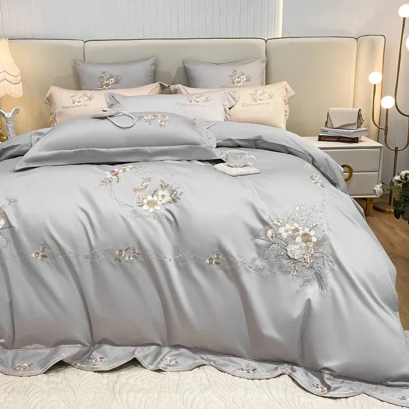 Flytonn-Egyptian Cotton Bedding Set Flowers Embroidery, Duvet Cover Set, Bed Sheet, Pillowcases, Luxury, Champagne Grey, Luxury, 1000TC
