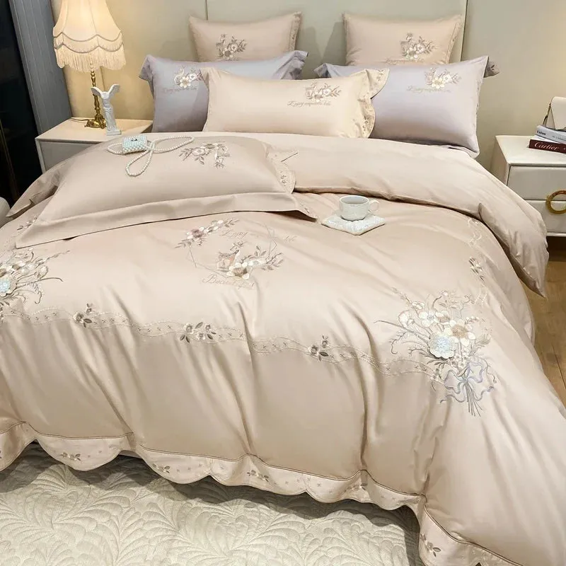 Flytonn-Egyptian Cotton Bedding Set Flowers Embroidery, Duvet Cover Set, Bed Sheet, Pillowcases, Luxury, Champagne Grey, Luxury, 1000TC