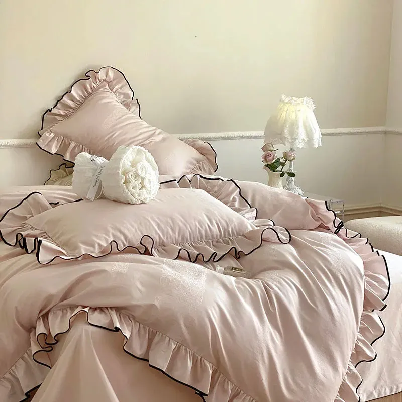 Flytonn-Luxury 1000TC Egyptian Cotton French Princess Wedding Bedding Set Ruffles Black Edge Jacquard Duvet Cover Bed Sheet Pillowcases