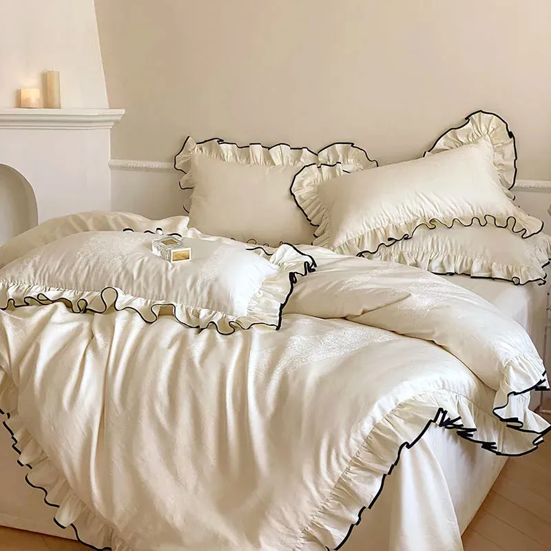 Flytonn-Luxury 1000TC Egyptian Cotton French Princess Wedding Bedding Set Ruffles Black Edge Jacquard Duvet Cover Bed Sheet Pillowcases