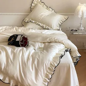 Flytonn-Luxury 1000TC Egyptian Cotton French Princess Wedding Bedding Set Ruffles Black Edge Jacquard Duvet Cover Bed Sheet Pillowcases
