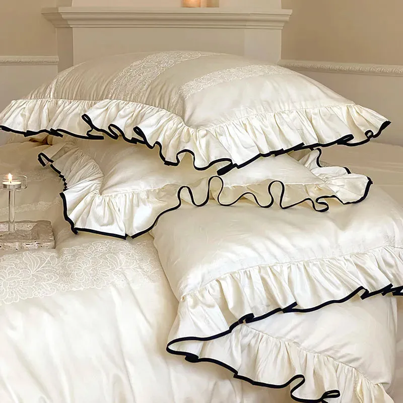 Flytonn-Luxury 1000TC Egyptian Cotton French Princess Wedding Bedding Set Ruffles Black Edge Jacquard Duvet Cover Bed Sheet Pillowcases