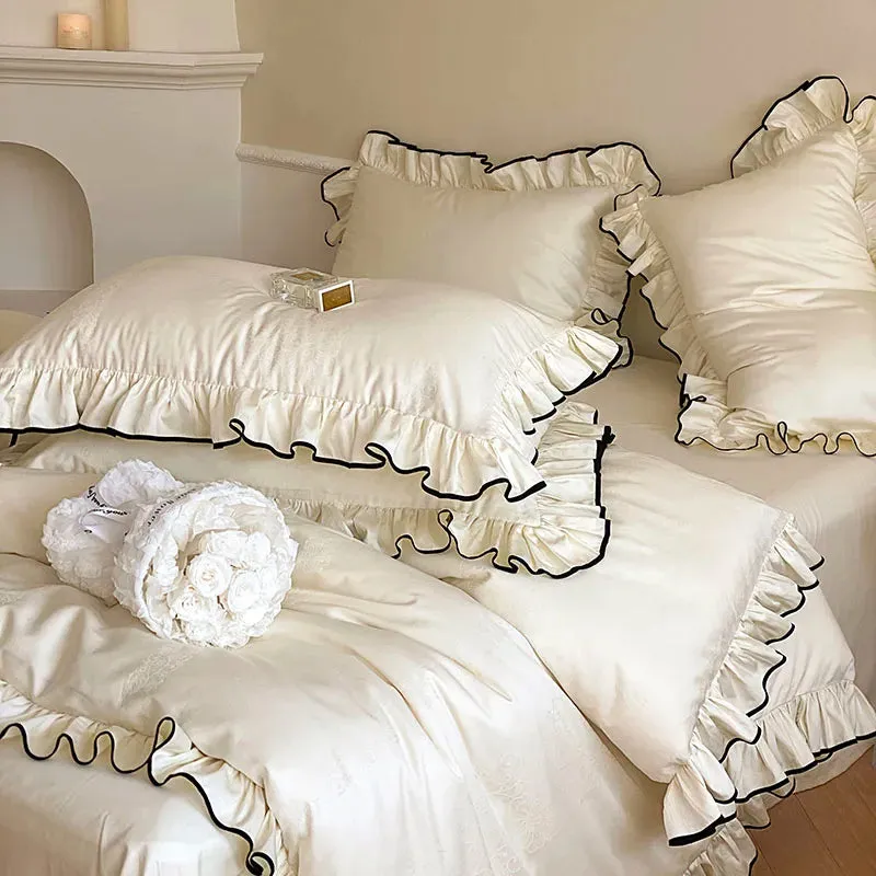 Flytonn-Luxury 1000TC Egyptian Cotton French Princess Wedding Bedding Set Ruffles Black Edge Jacquard Duvet Cover Bed Sheet Pillowcases