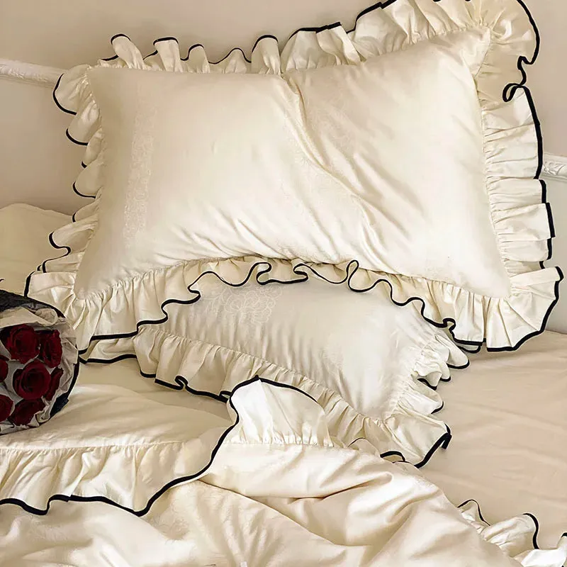 Flytonn-Luxury 1000TC Egyptian Cotton French Princess Wedding Bedding Set Ruffles Black Edge Jacquard Duvet Cover Bed Sheet Pillowcases