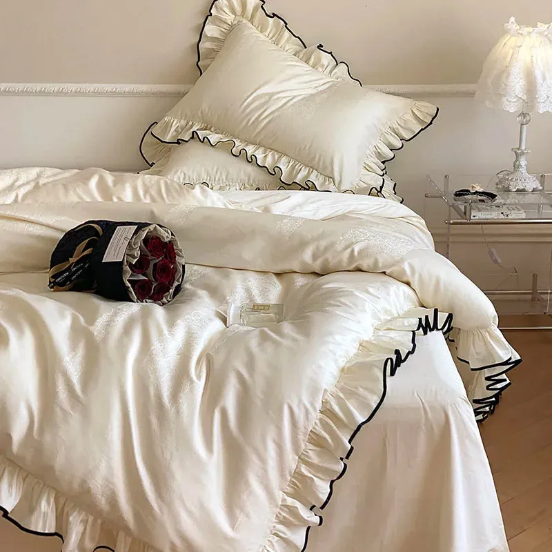 Flytonn-Luxury 1000TC Egyptian Cotton French Princess Wedding Bedding Set Ruffles Black Edge Jacquard Duvet Cover Bed Sheet Pillowcases