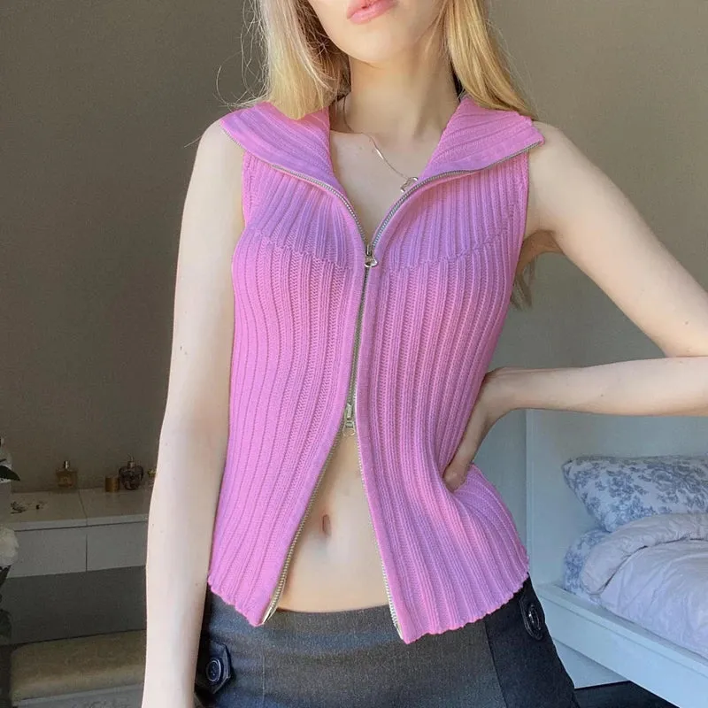 Flytonn-Sweet Fairy Knit Cardigan Vest Sleeveless Turndown Collar Zip Up Sweater Top Fall 2000s Grunge Y2K Clothes Women Streetwear