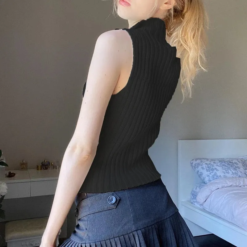 Flytonn-Sweet Fairy Knit Cardigan Vest Sleeveless Turndown Collar Zip Up Sweater Top Fall 2000s Grunge Y2K Clothes Women Streetwear