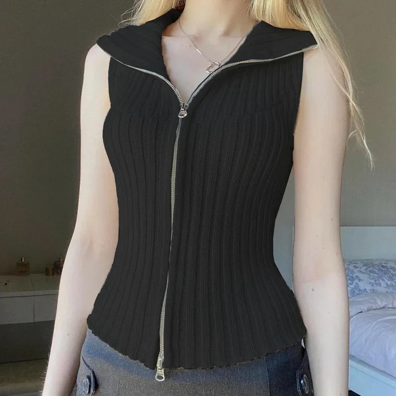 Flytonn-Sweet Fairy Knit Cardigan Vest Sleeveless Turndown Collar Zip Up Sweater Top Fall 2000s Grunge Y2K Clothes Women Streetwear