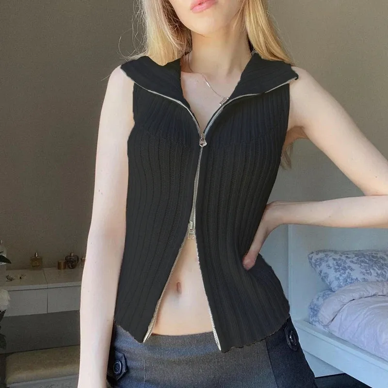 Flytonn-Sweet Fairy Knit Cardigan Vest Sleeveless Turndown Collar Zip Up Sweater Top Fall 2000s Grunge Y2K Clothes Women Streetwear