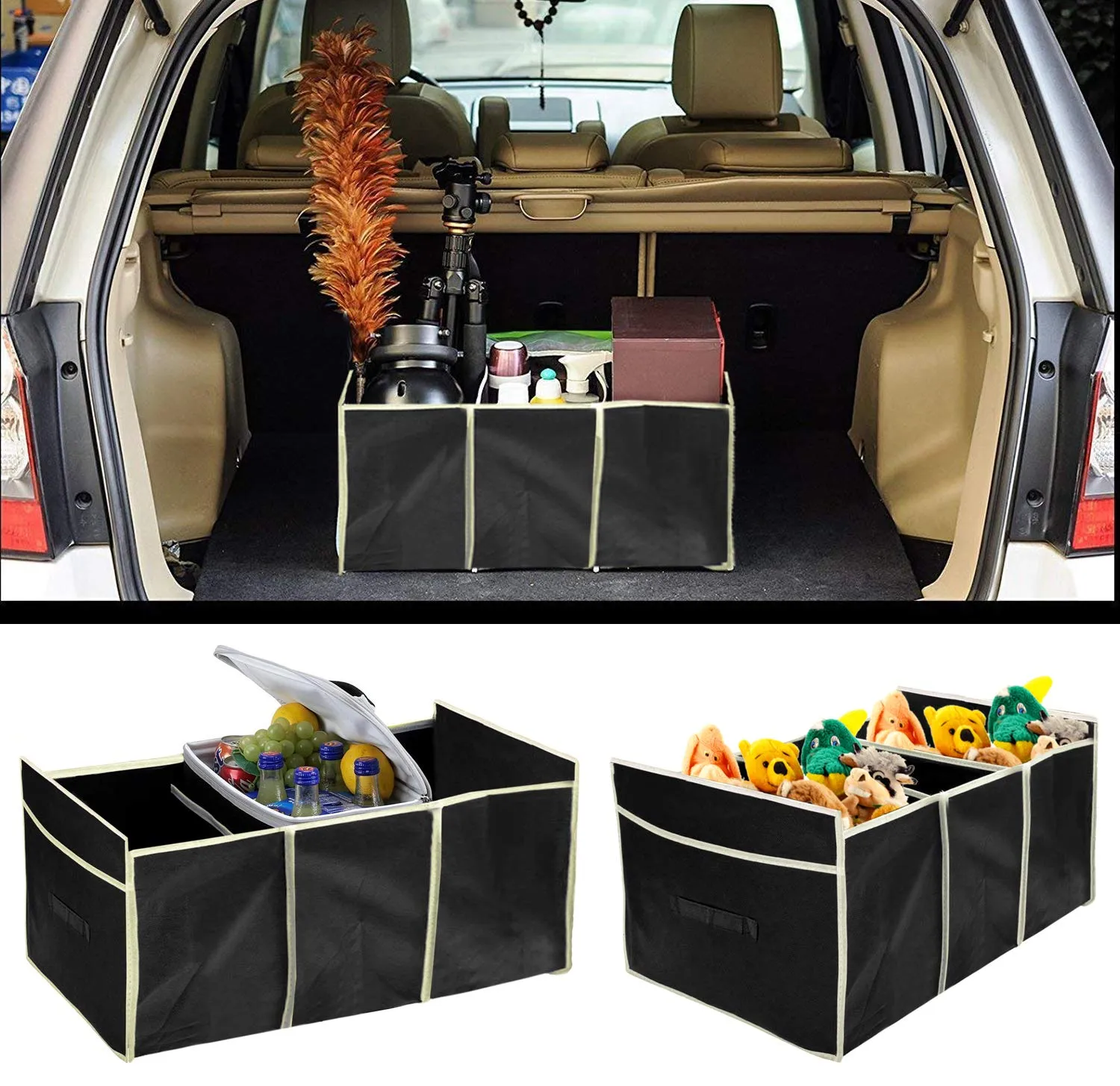 Fun Homes Foldable Trunk Storage Organizer, Reinforced Handles, Suitable for Any Car, SUV, Mini-Van (Black)