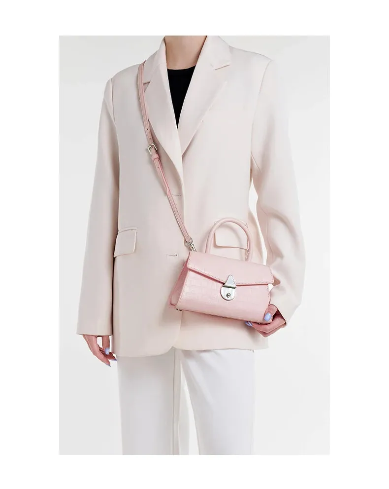 Genuine Leather Lock Decor Flap Pocket Handbag