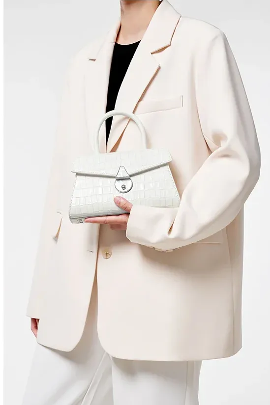 Genuine Leather Lock Decor Flap Pocket Handbag