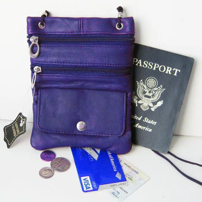 Genuine Leather Mini Crossbody Purse Neck Bag Passport ID Documents Holder Travel Lanyard Pouch