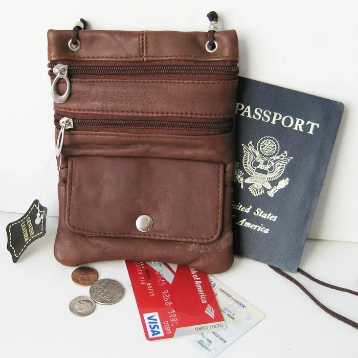 Genuine Leather Mini Crossbody Purse Neck Bag Passport ID Documents Holder Travel Lanyard Pouch