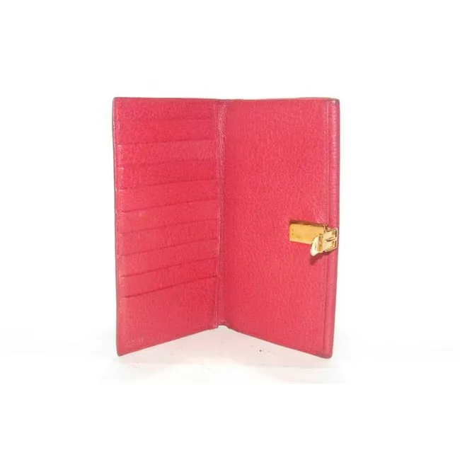 Gucci Dark Red Leather With Gold Belt Buckle Clasp Vintage Accent Wallet
