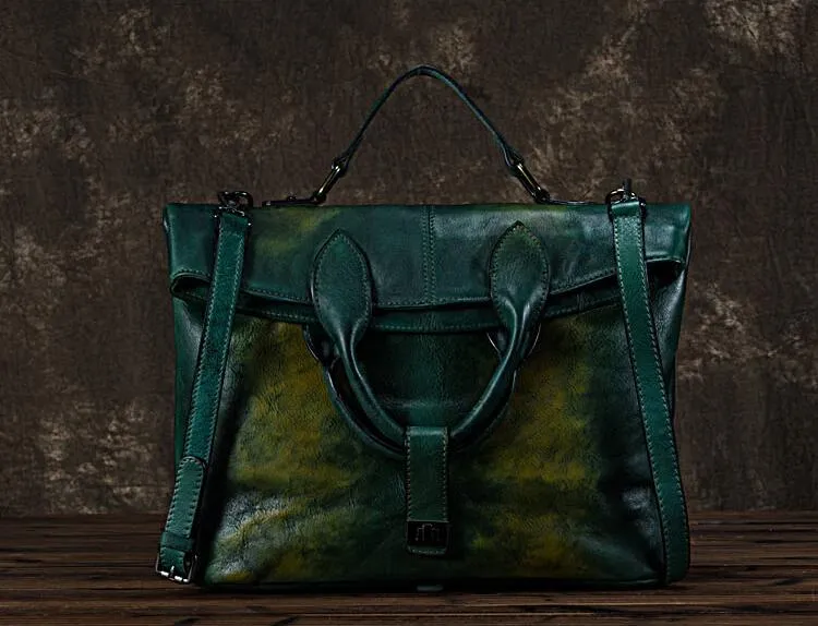 Handmade Green Leather Shoulder Bag Genuine Leather Handbags For Women