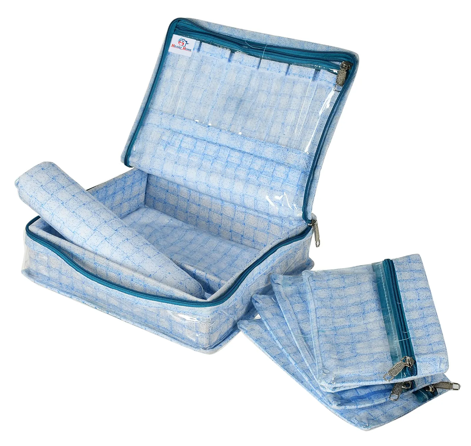 Heart Home Check Design Laminated PVC Jewellery Organizer With 4 Transparent Pouches & 1 Bangle/Watch Rod For Keeps Your Jewellery,Earrings, Necklaces Organized And Secure (Blue)-HS_38_HEARTH21273