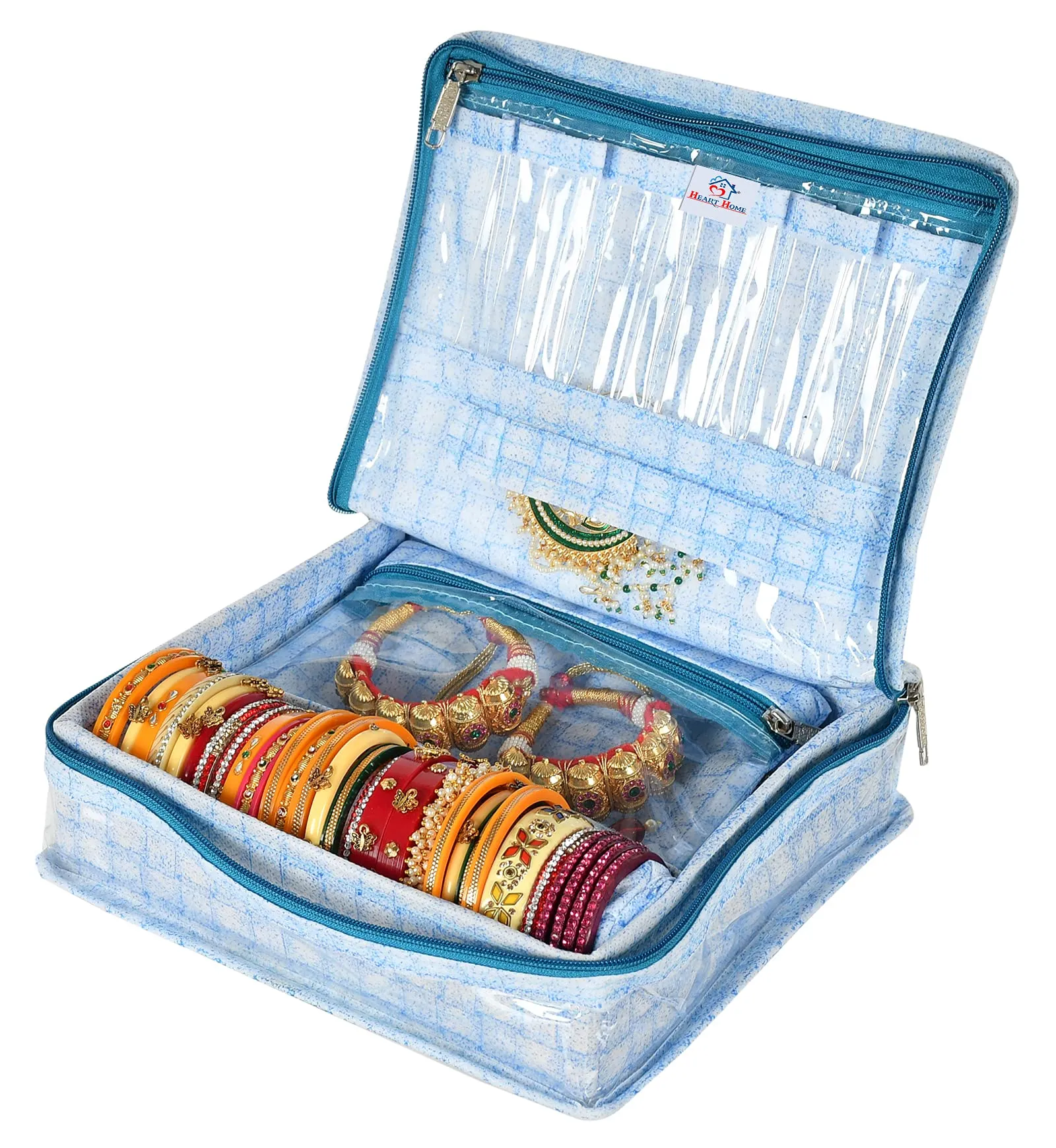 Heart Home Check Design Laminated PVC Jewellery Organizer With 4 Transparent Pouches & 1 Bangle/Watch Rod For Keeps Your Jewellery,Earrings, Necklaces Organized And Secure (Blue)-HS_38_HEARTH21273