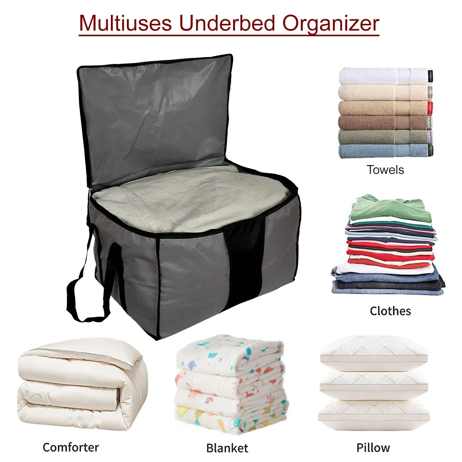 Heart Home Rexine Underbed Storage Bag/Cloth Organizer For Store Clothes, Quilts, Comforters With & Handle Pack of 2 (Grey) 54HH4293.