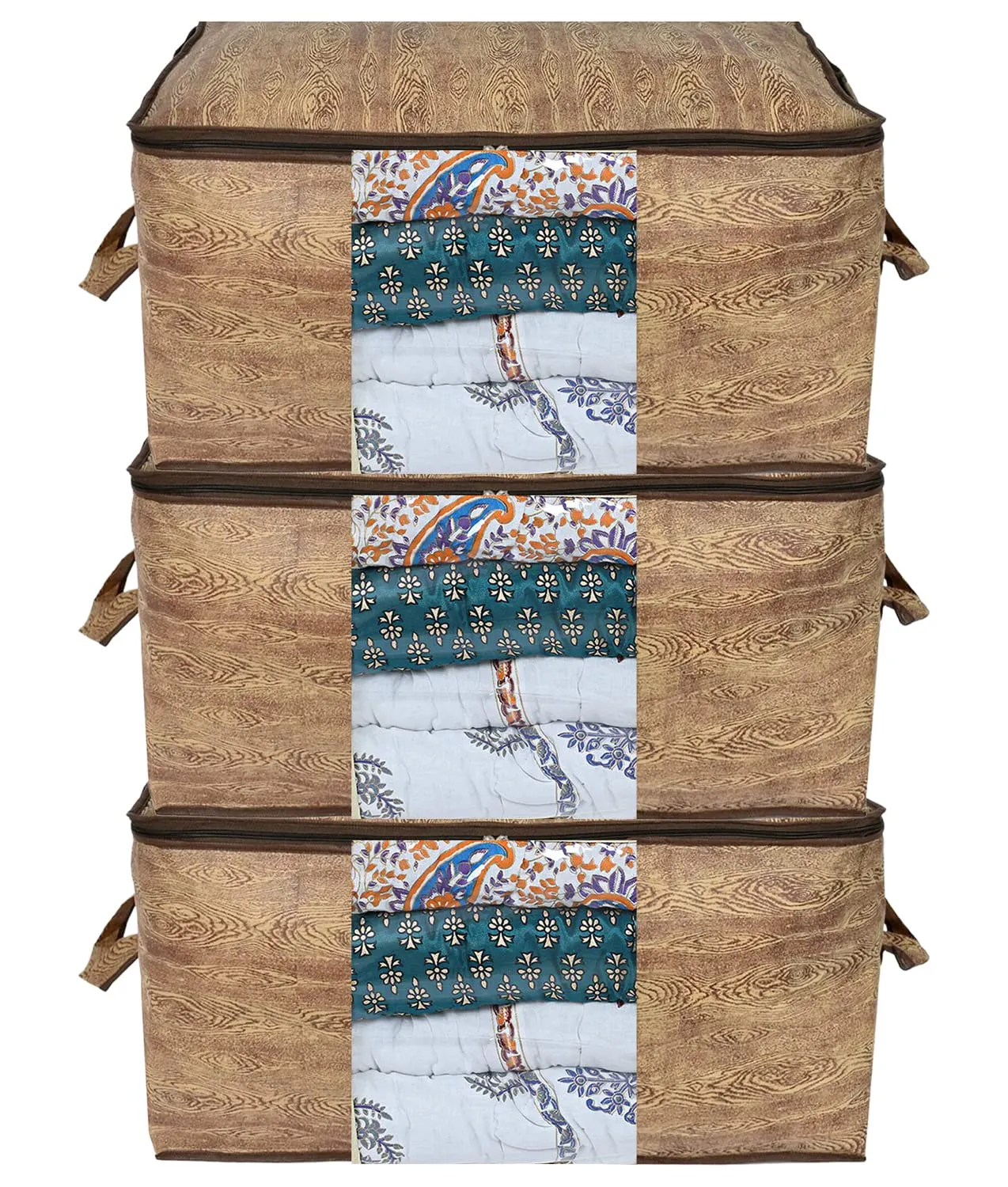 Heart Home Wooden Design Non-Woven Underbed, Strorage Organizer With Transparent Window- Pack of 3 (Brown)-44HH0510