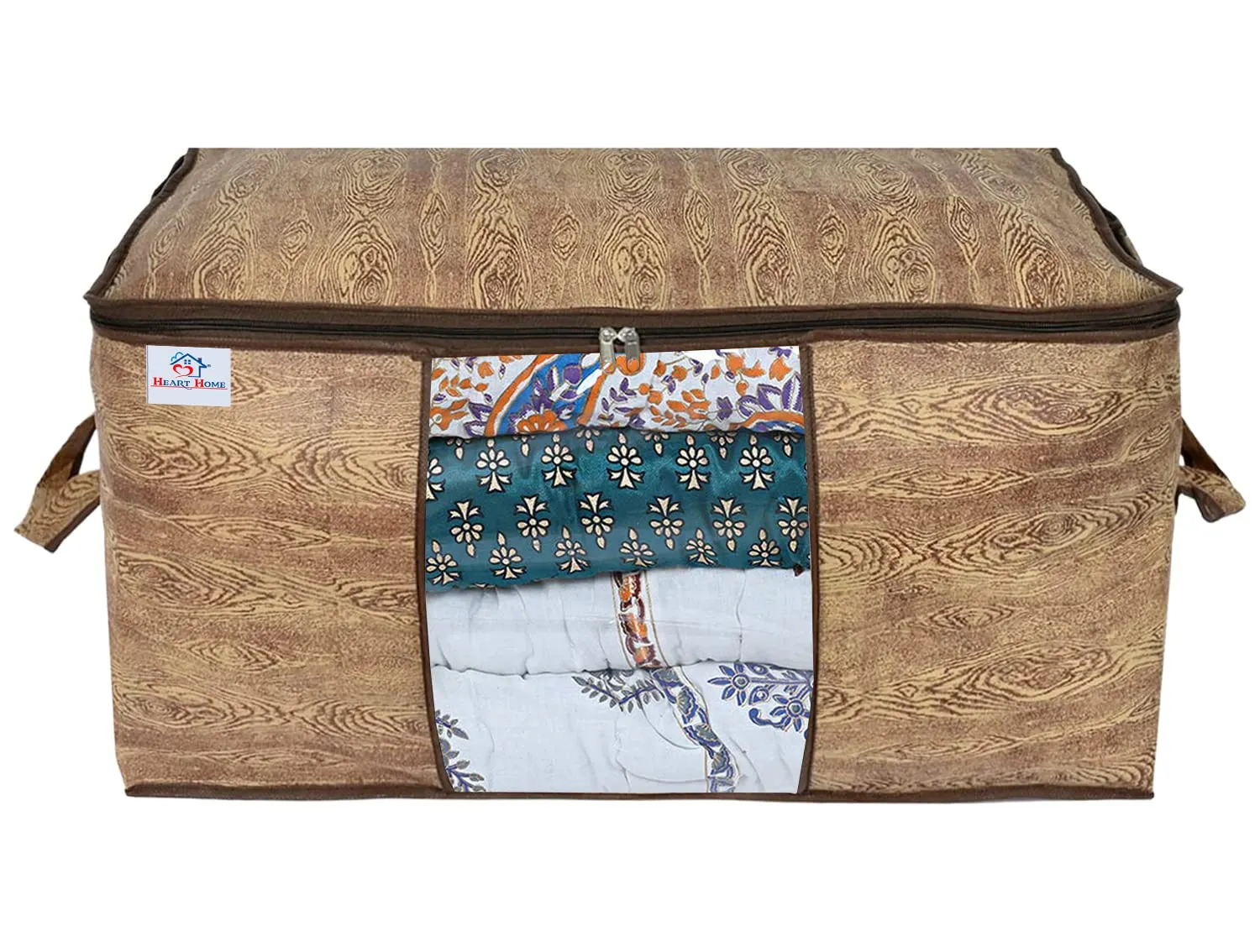 Heart Home Wooden Design Non-Woven Underbed, Strorage Organizer With Transparent Window- Pack of 3 (Brown)-44HH0510