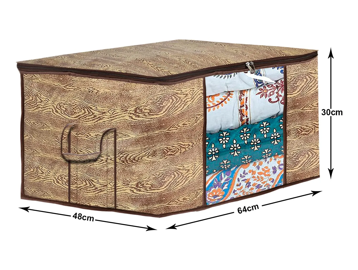Heart Home Wooden Design Non-Woven Underbed, Strorage Organizer With Transparent Window- Pack of 3 (Brown)-44HH0510