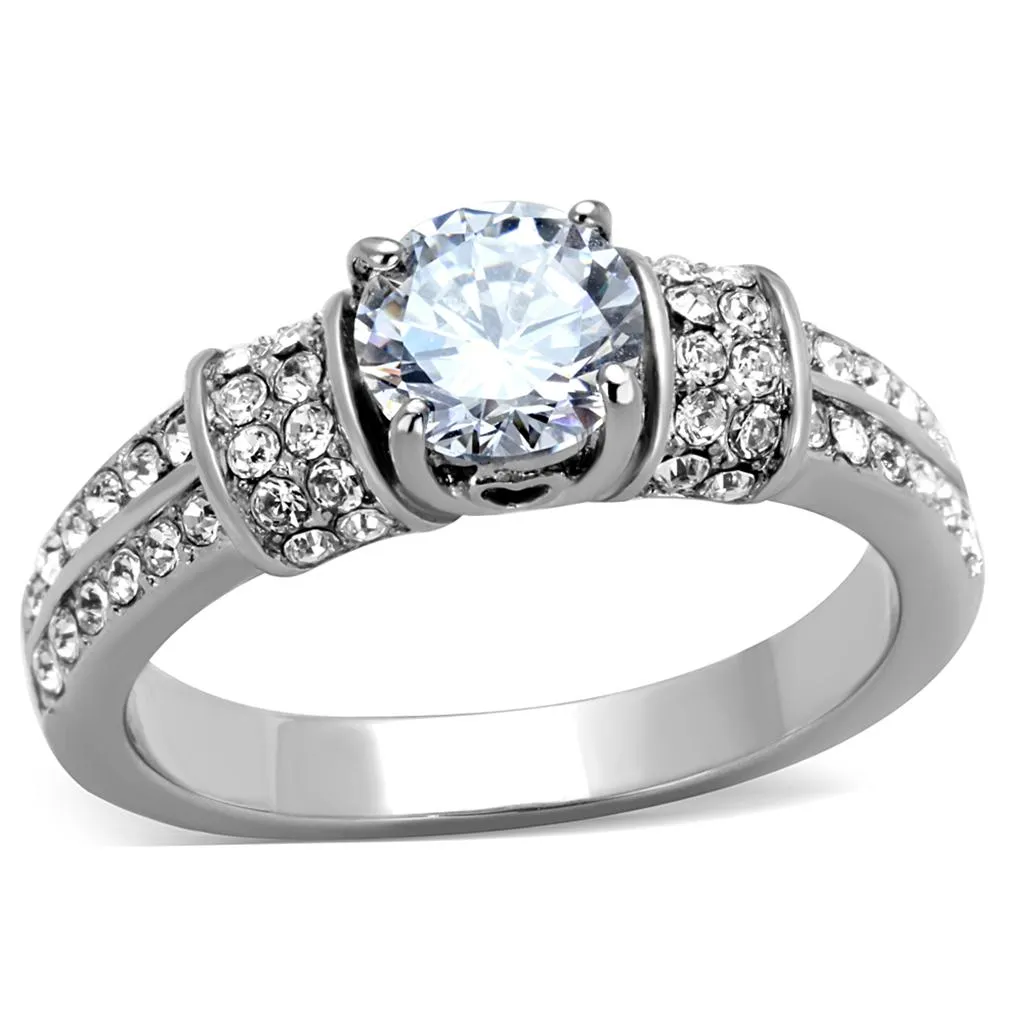 High polished (no plating) Stainless Steel Ring with AAA Grade CZ in Clear for Women Style TK1921