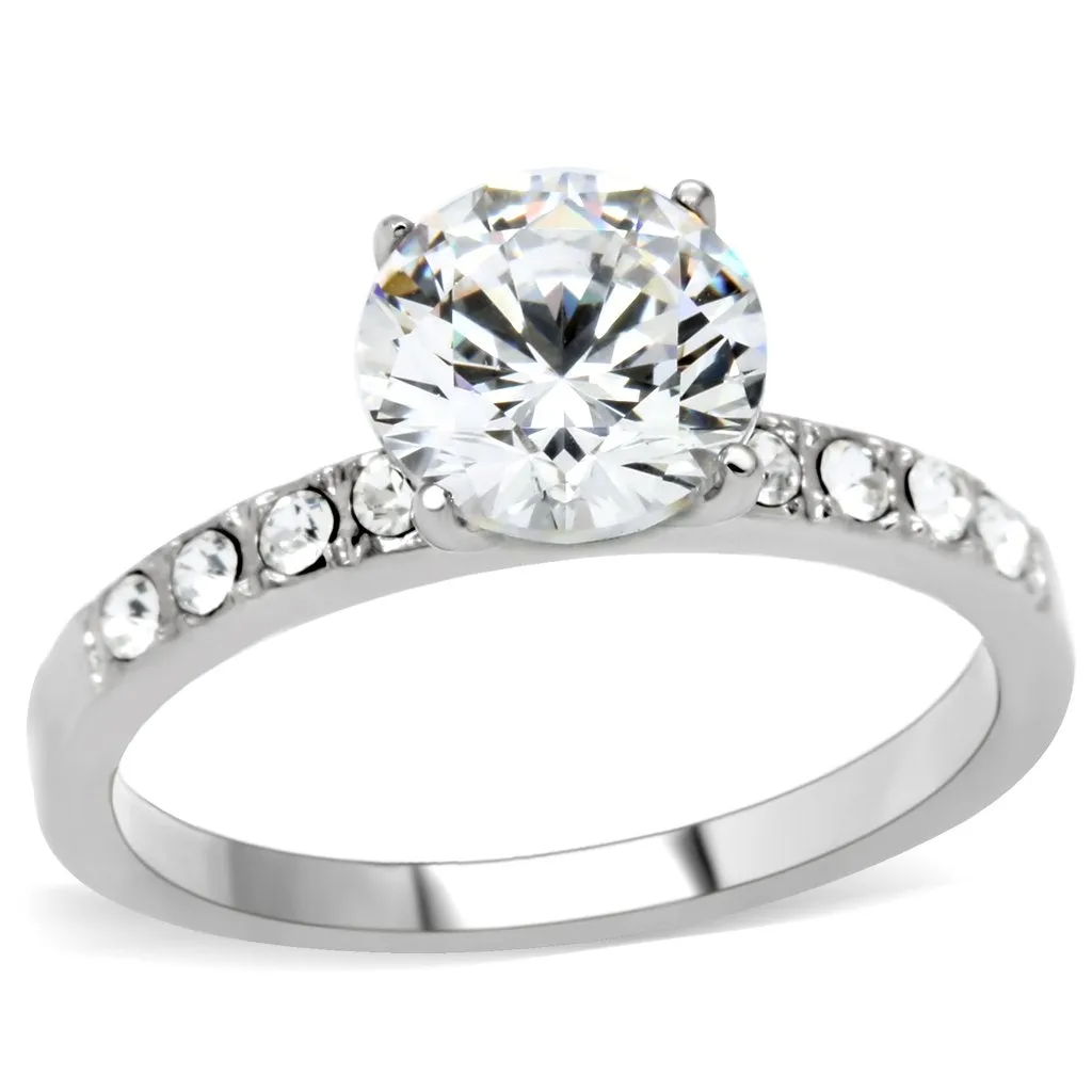 High polished (no plating) Stainless Steel Ring with AAA Grade CZ in Clear for Women Style TK198